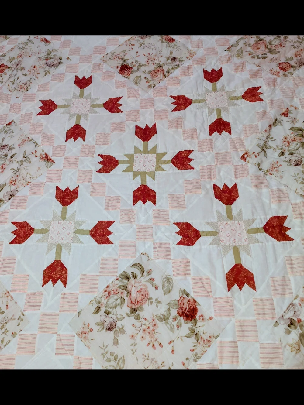 Floral Patchwork Quilted Bedspread in Cream and Rust Tulip